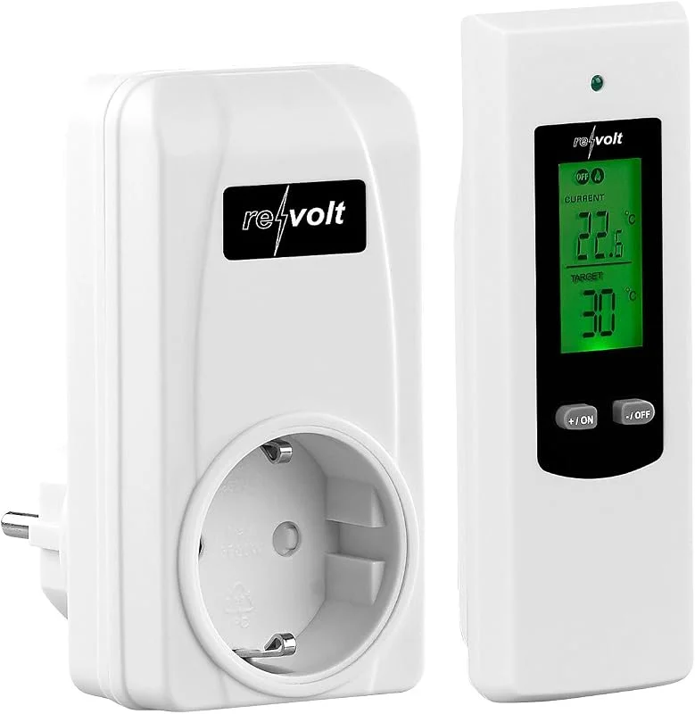 revolt radiotemperaturbrytare: Vägguttagstermostat, för värme- & klimatanläggningar, mobil kontrollenhet, räckvidd max 20 meter (temperaturswitch uttag, trådlös termostat för vägguttag) — Smarta hem
