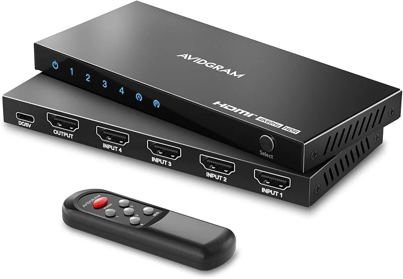 HDMI Switch 4K 60Hz, AVIDGRAM HDMI 2.0 Switcher 4 In 1 Out, 4 Port HDMI Selector Box med IR-fjärrkontroll Support HDCP 2.2 HDR10 3D 18Gbps, Kompatibel med Xbox, PS4, HDTV, Monitor — TV och streaming