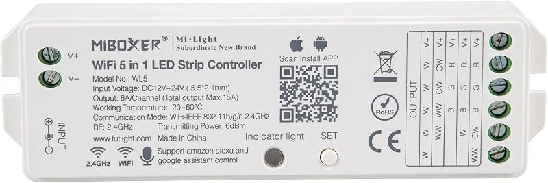 LIGHTEU®, Milight Miboxer 5-i-1 WiFi kontroll för LED-remsa, Amazon Alexa och Google Home röststyrning, fjärrkontroll och app-kontroll, ingen WiFi-box behövs, kompatibel med 5 olika utgångslägen, DC 12-24 V, WL5 — Smarta hem