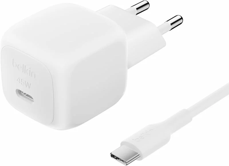 Belkin kompakt väggladdare 45 W + kabel för USB-C till USB-C, snabbladdning för Apple iPhone 16, 15, 14, Plus, Pro, Pro Max, Samsung Galaxy S25-serien, S24, Pixel 9, iPad, AirPods m.fl. - Vit — Mobil och surfplatta