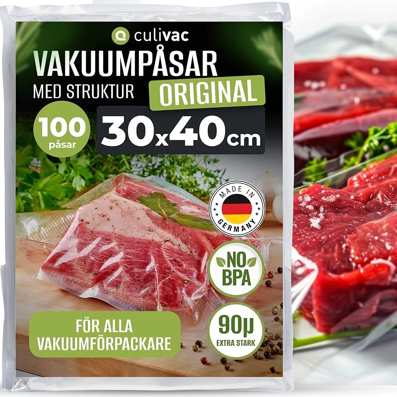culivac vakuumpåsar 100 vakuumpåsar 30x40cm Premium, filmpåsar för varje filmförseglare, vakuumförseglare, vakuumfilm ”Original” sous-vide, Tillverkad i Tyskland, BPA-fri — Kök & Hushåll