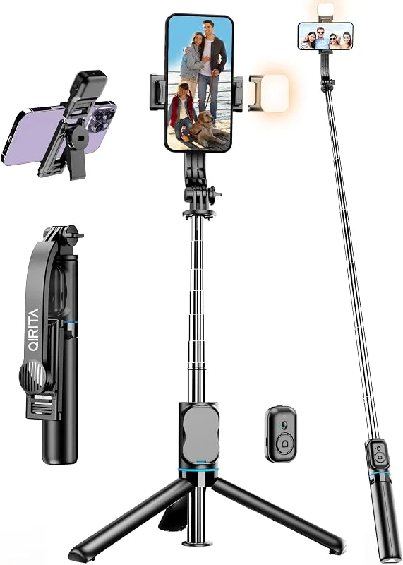 42" Selfie Stick Tripod med Fill Light Utdragbart telefonstativ Allt-i-ett Selfie Stick Travel Tripod med avtagbar fjärrkontroll och telefonhållare Mobiltelefonstativ Kompatibel med iPhone, Android — Mobil och surfplatta