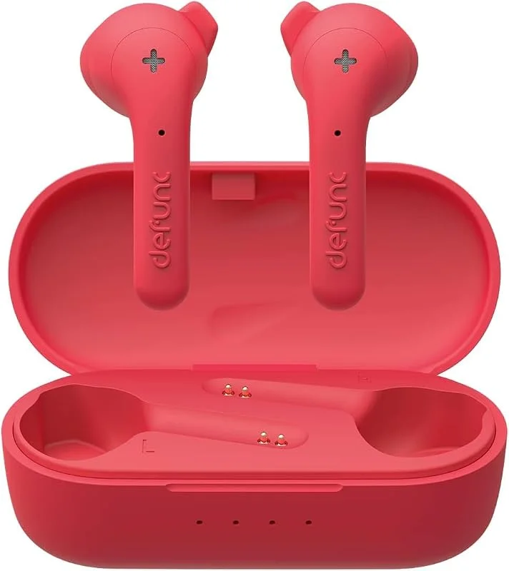 DEFUNC True Wireless Earbuds True Basic IPX4 vattentäta in-ear hörlurar 5.0 Bluetooth stereo hörlurar inbyggd mikrofon, automatisk enstegsparning, lång speltid och laddningsfodral (röd) — Hörlurar och ljud