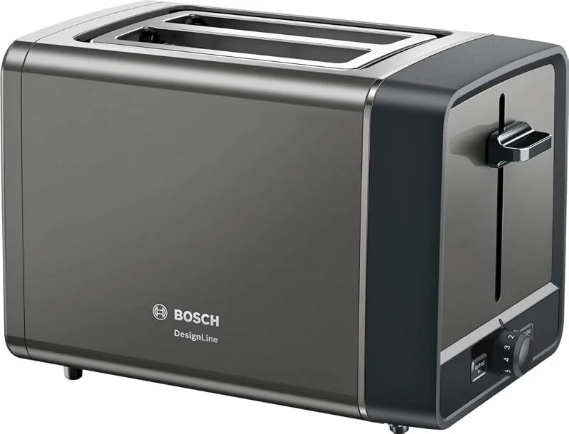 Bosch Kompakt brödrost DesignLine TAT5P425DE, integrerad brödhållare i rostfritt stål, med automatisk avstängning, med avfrostningsfunktion, perfekt för 2 skivor bröd, lyftfunktion, bred, 970 W, grå — Kök & Hushåll