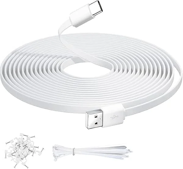 3 m, 10 fot platt USB C-kabel, extra lång USB A till USBC-laddningskabel för hemsäkerhetskameror, telefoner, surfplattor, spelkontroll och fler USB C-enheter, stöder dataöverföring – vit — Mobil och surfplatta