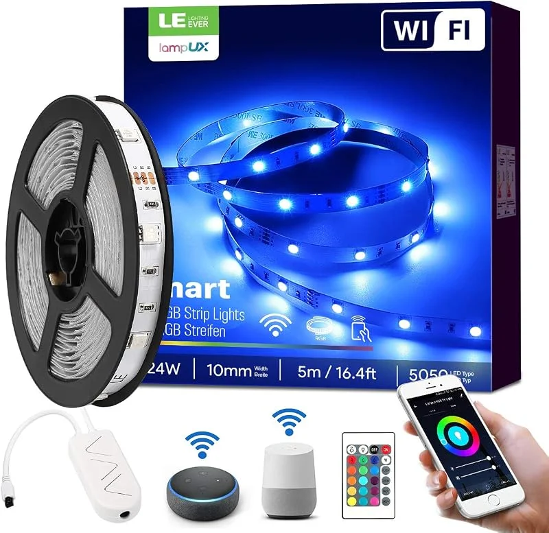 LE LED Strip Alexa, 5M LED strips, IP20 Smart LED strip inkl. Fjärrkontroll, WiFi 5050 LED strip light chain för hem, kök, fest, TV, light strip Kompatibel med Alexa, Google Home — Smart belysning