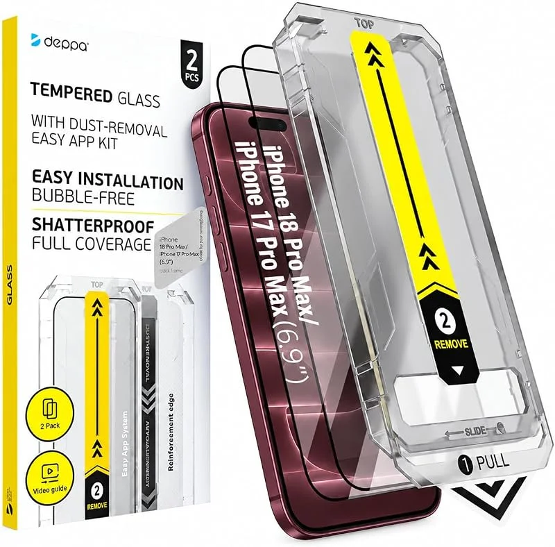 Deppa, 2-pack, skärmskydd för iPhone 18 Pro Max, 17 Pro Max (6, 9") med smart installationsram, damm- och bubbel-fri, 9H härdat glas, heltäckande skydd, enkel installation — Mobil och surfplatta
