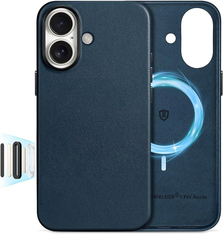 SHIELDON läderfodral för iPhone 16 6, 1" 5G 2024, marinblå — Mobil och surfplatta