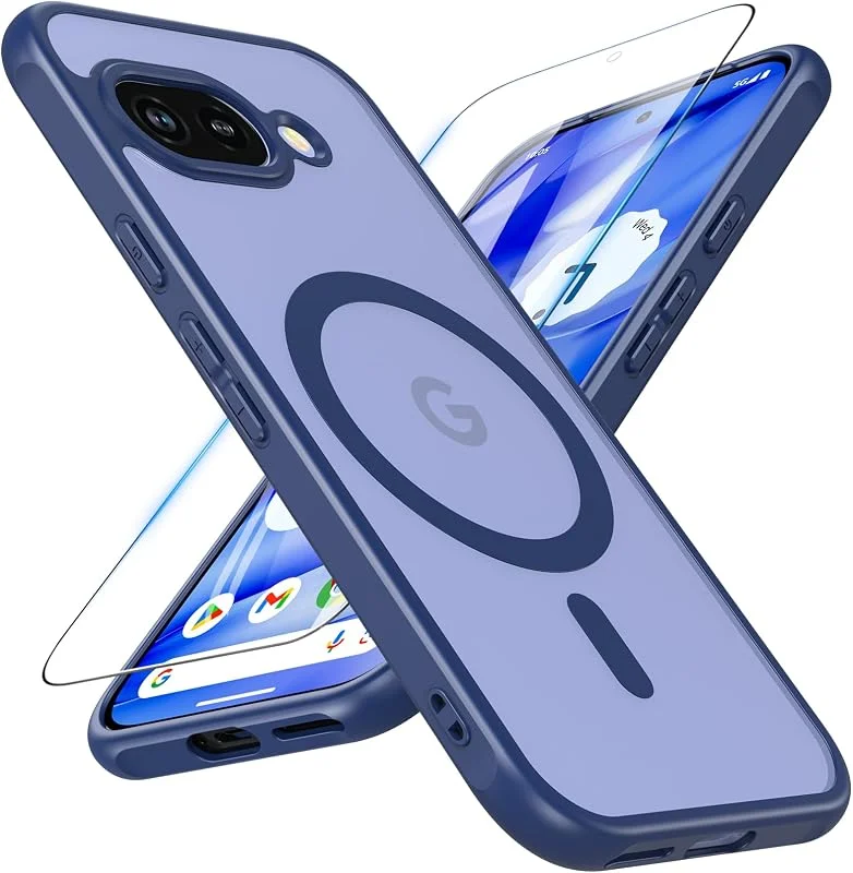 Magnetiskt för Google Pixel 9A fodral med skärmskydd i härdat glas, skydd i militärkvalitet stötsäkert skydd genomskinligt matt baksida reptåligt telefonfodral för Pixel 9A (blå) — Mobil och surfplatta