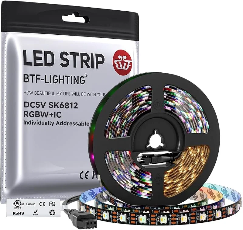 BTF-belysning RGBW RGB+varmvit SK6812 (liknande WS2812B) individuellt adresserbar 5 m 60 LED, pixlar, m flexibel 4 färger i 1 LED drömfärg LED-remsa IP30 icke-vattentät DC5V svart PCB — Smart belysning
