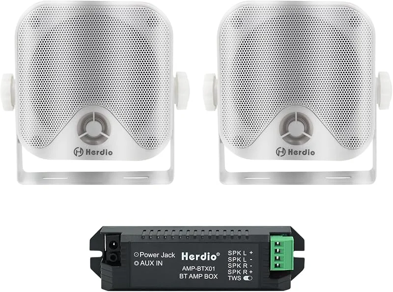 4 tum slitstark vattentät båt marin låda utomhus Bluetooth-högtalare ytmonterade för halkstyrare ATV UTV RZR golfvagn traktor powersport båt lastbil jeep (vit BT-högtalare) — Hörlurar och ljud