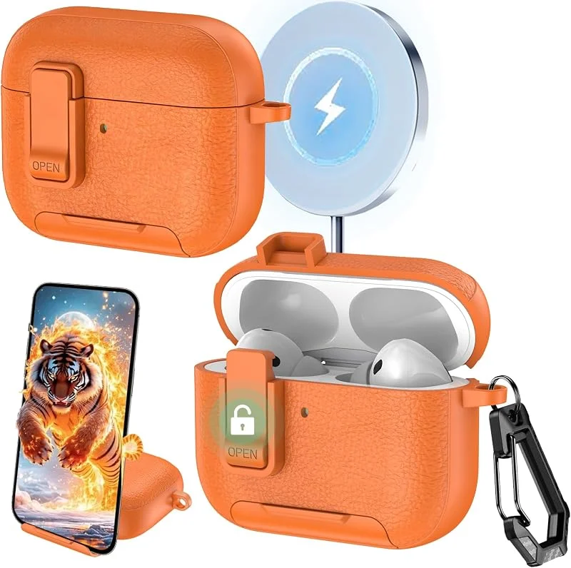 Ysnzaq fodral för AirPods Pro 2 Gen med låsklämma och stativ PWZ orange — Mobil och surfplatta