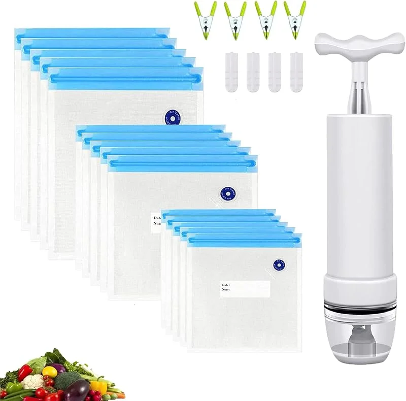 15-pack återanvändbara vakuum matförvaringspåsar för sous vide, med 1 handpump, 4 tätningsklämmor och 4 sous vide-klämmor — Kök & Hushåll
