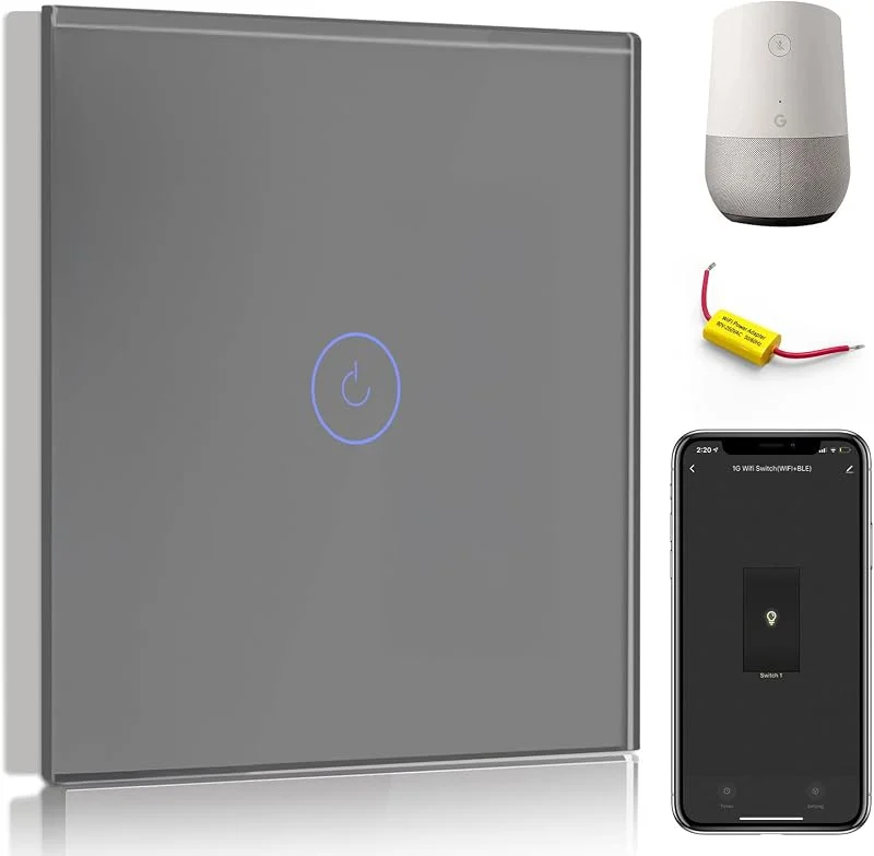 BSEED Smart Alexa-strömbrytare, 1 x smart strömbrytare som fungerar med Alexa och Google Home, pekskärmsbrytare av glas med Smart Life-appen och timerfunktion, grå (ingen neutral tråd) — Smarta hem