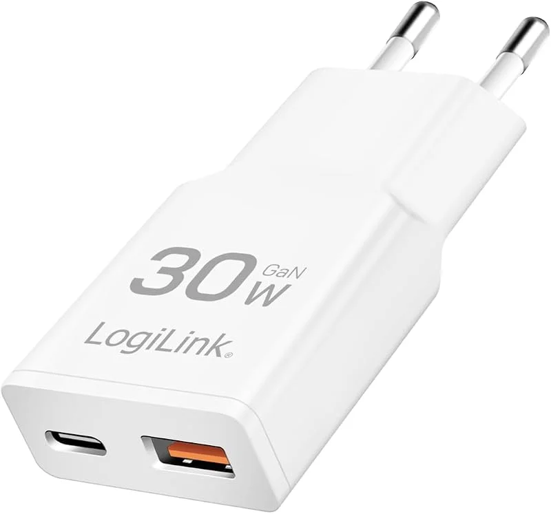 LogiLink PA0348 – Dual USB GaN (Gallium-Nitrid) laddare, 1 x USB-C (PD), 1 x USB-A (QC), 30 W — Mobil och surfplatta