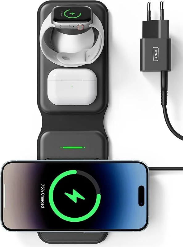 INIU 3 i 1 Trådlös laddare, 15W Magnetic Foldable Wireless Charger Snabb Support Telefonladdning för Apple Series iPhone 15 14 13 12 Pro Max Mini, iWatch 7 6 5 4 3, AirPods 3 2 1 pro (Adapter Ingår) — Mobil och surfplatta