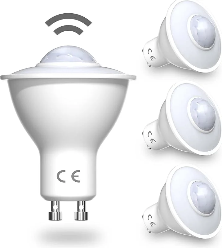 DoRight 4 stycken LED Smart Motion glödlampor GU10 PIR-sensorlampa 5 W rörelseaktiverad glödlampa varm vit 3 000 k säkerhetsljus, detektionsområde upp till 7 meter, detektionsvinkel 120 grader — Smart belysning