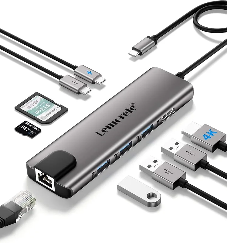 Lemorele Aluminium USB C Hub Docking Station 9 i 1 med Gigabit Ethernet, 4K HDMI, 100W PD, 3 USB-A, USB-C-Daten, SD, TF, dockingstation för MacBook Air, Pro, Windows, Switch, Chromecast — Laddning och kablar