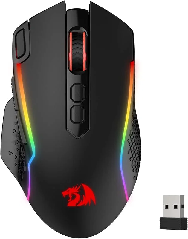 Redragon M810 Pro 10 000 DPI trådlös spelmus, trådbunden spelmus med snabb brandknapp, 8 makrotangenter, 45 timmars kontinuerlig effekt och RGB-bakgrundsbelysning för PC, Mac, bärbar dator — Datortillbehör