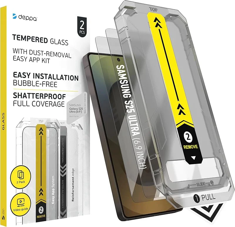 Deppa, 2-pack, Skärmskydd i härdat glas för Samsung Galaxy S25 Ultra (6, 9"), Kompatibelt med fingeravtrycksupplåsning, Heltäckande skydd, Skal-kompatibelt, Enkelt installationskit — Mobil och surfplatta