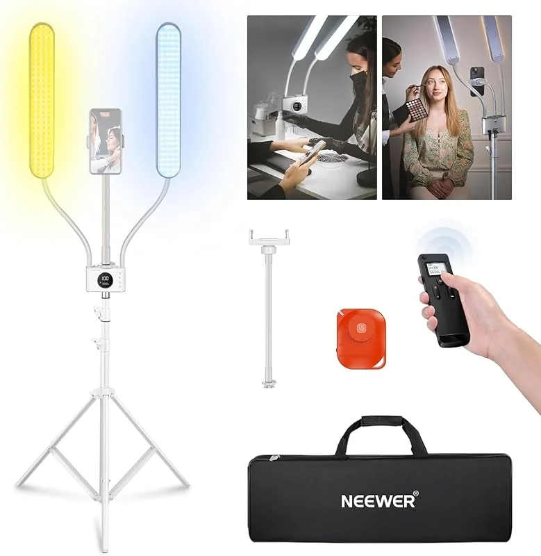 Neewer Esthetician-ljus med telefonhållare och resväsksats, LED-ögonfransfotolampa med 2, 4G, PC, Mac och separat kontroll med 2 ljusstavar, CRI98+, tatuering, skönhet — Mobil och surfplatta