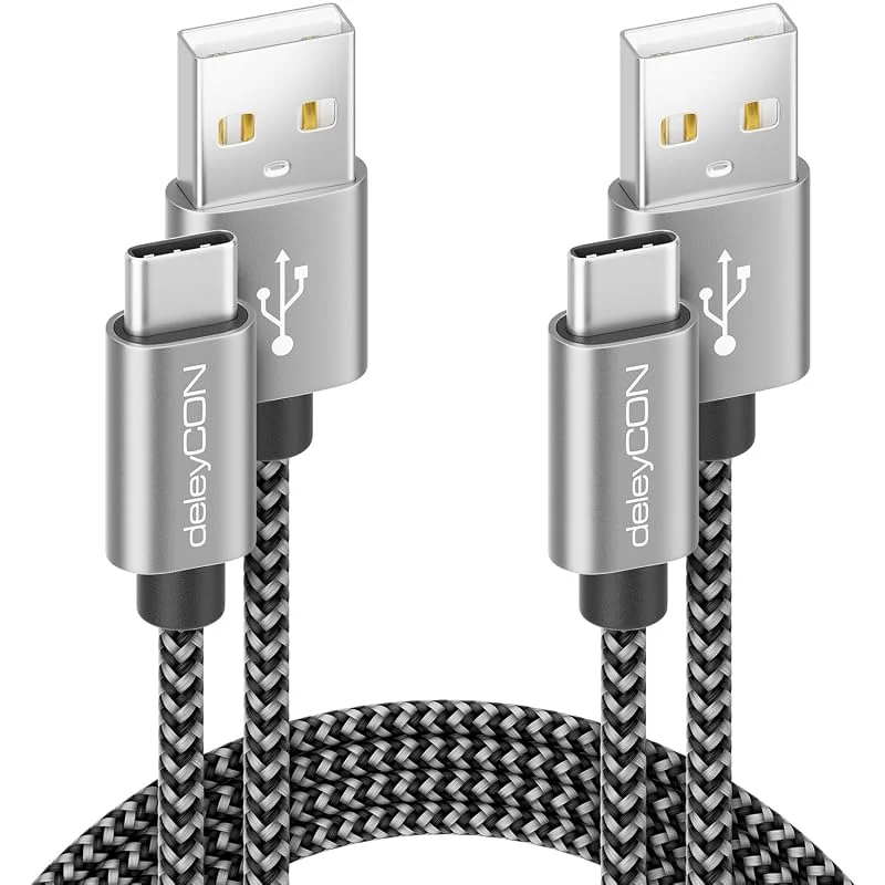 deleyCON USB-C Kabel i SET (2 Styck à 1m) Nylon Laddkabel Datakabel USB Typ C Metallkontakter Ladda & Synkronisera Mobil & Smartphone — Mobil och surfplatta