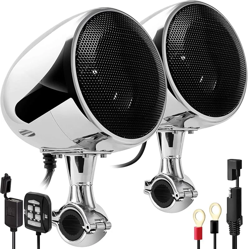 SPK350X, 10 cm högtalare med fullt intervall, vattentät, motorcykel, bluetooth, stereohögtalare, förstärkare, system för ATV, RZR, UTV, fyrhjuling (krom, rutnät) . — Hörlurar och ljud
