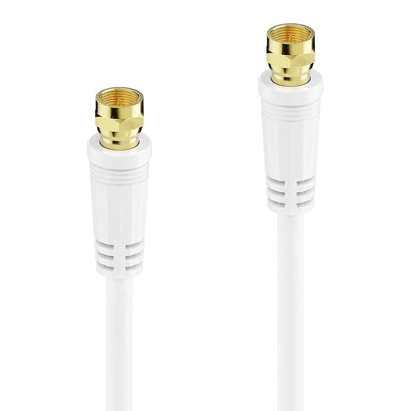 SAT-kabel, 2 m, 75 ohm, 110 db, 4-vägs skärmad, F-kontakt > F-kontakt, koaxialkabel anslutningskabel antennkabel, TV HDTV radio DVB-T DVB-C DVB-S DVB-S2, 2 X ferritkärna, vit, 2 meter — TV och streaming
