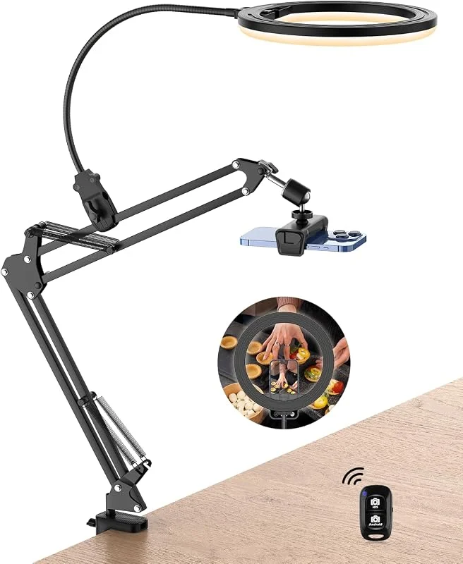 UBeesize 25 cm Ringljus Med Stativ, Overhead Mobiltelefon Stativ Med Flexibel Slang, Bord Kamera Arm Hållare för YouTube, TikTok, Live — Mobil och surfplatta
