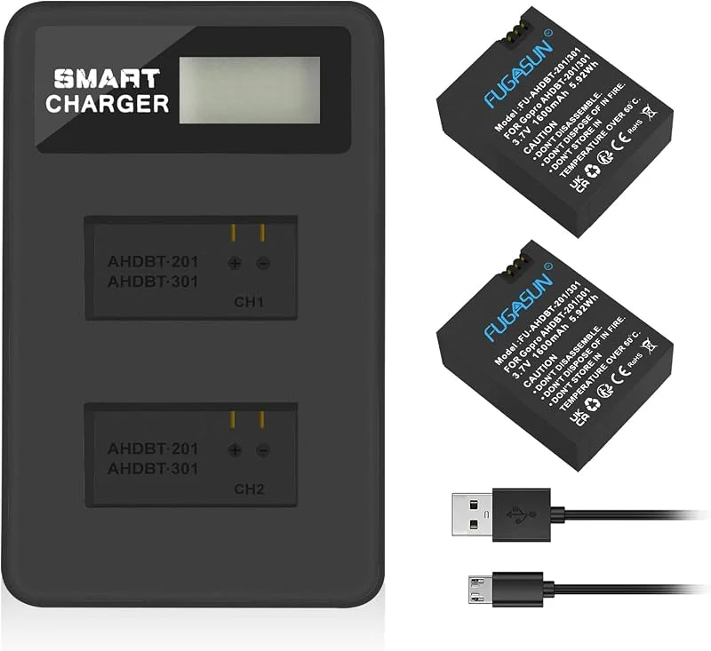 2 st 1600mAh AHDBT-201 AHDBT 201 AHDBT-301 AHDBT 301 Batteri med dubbla batteriladdare för Gopro Hero 3 3+ AHDBT-301, AHDBT-201 batteri — Portabel digital och ljud