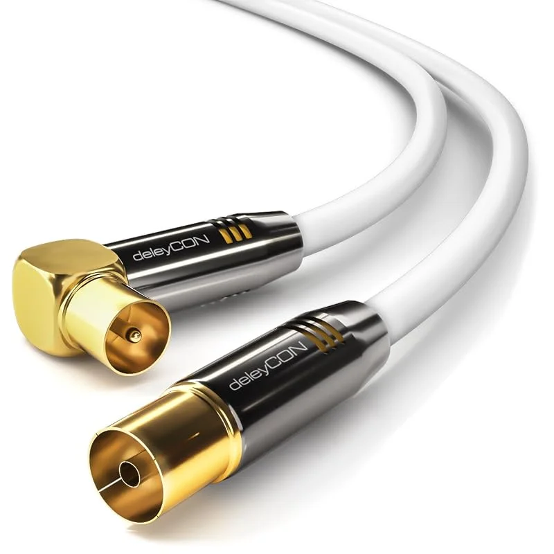 deleyCON 1, 5m 4K TV Antennkabel Koaxialkabel - 4K Ultra HD Full HD HDTV - 1x IEC-Kontakt 90° Vinklad till IEC-Hona Rak - TV Radio DVB-T2 Metallkontakter - Vit — TV och streaming