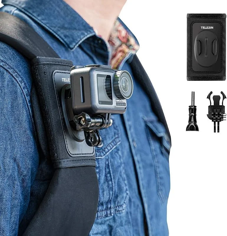 TELESIN Ryggsäck, axelrem kamerafäste, justerbar axelkudde och kardborreband, fästsystem för GoPro Hero, Insta360, Osmo Action — Portabel digital och ljud