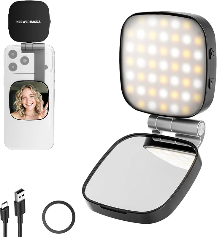 NEEWER Basics Magnetisk selfielampa kompatibel med MagSafe iPhone, 2W CRI95+ tvåfärgad vridbar liten LED-fyllningslampa, 680lx, 0.3m, spegel för vlogg, smink och videomöten, NL45B svart — Mobil och surfplatta