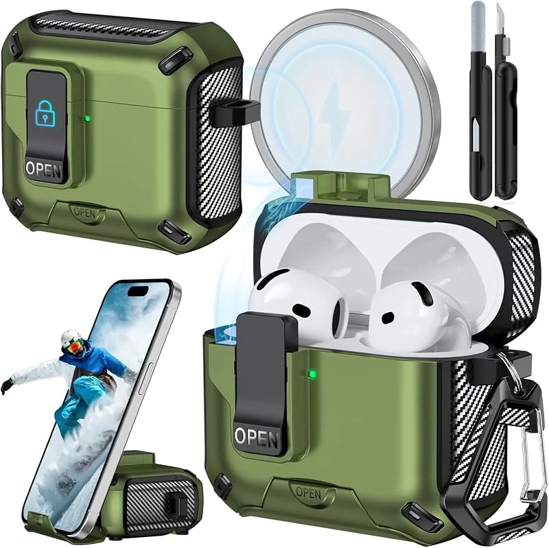 Magnetiskt Fodral med Telefonstativ (för AirPods 5, 4-Olivgrön) — Mobil och surfplatta