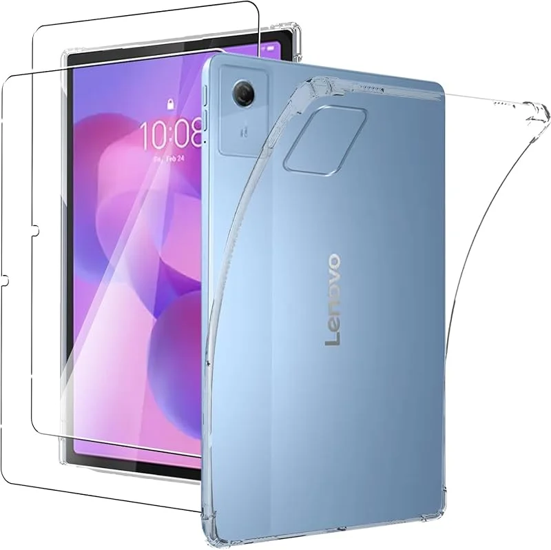 MEMELOKA Fodral för Lenovo Idea Tab 11 tum surfplatta + 2 stycken härdat glas, ultratunt mjukt TPU-skyddsfodral med förstärkt silikonkrockkudde — Mobil och surfplatta
