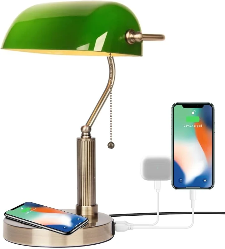 FIRVRE Glas Banker bordslampa Traditionell europeisk klassisk brons dekorativ plugg Vintage bordslampa för kontor Bibliotek Studie Sovrum (Grön-2) — Hushållselektronik