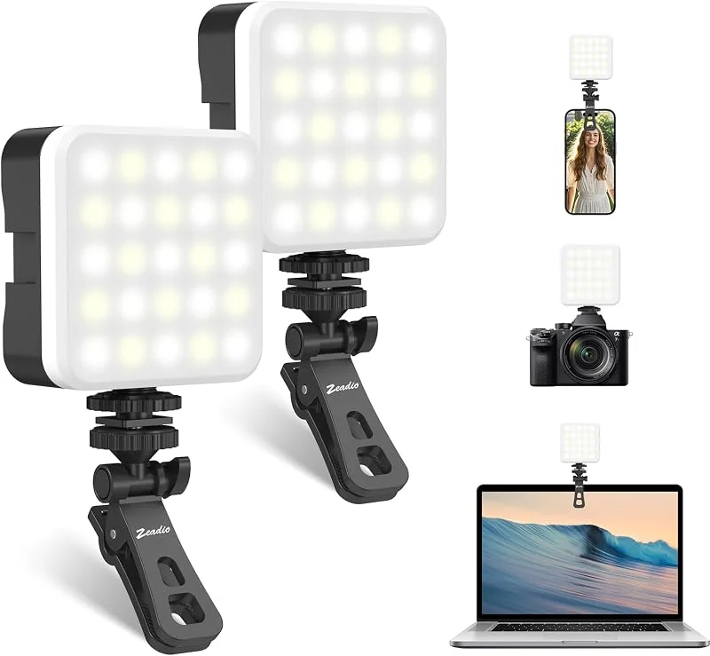 Zeadio videolampor, bärbar selfie-lampa med klämma, uppladdningsbart LED-ljus CRI 95+, 20 scenlägen, 3000K-7000K med 3 kallt skofäste, paket med 2 — Mobil och surfplatta