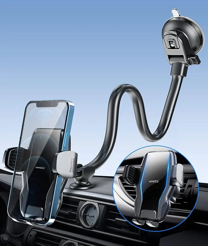 APPS2Car Biltelefonhållare, vindruta instrumentbrädeshållare, justerbar lång arm svanhals mobil vagga, universell handsfree-ventilhållare iPhone 13, 12, 11 Samsung — Mobil och surfplatta