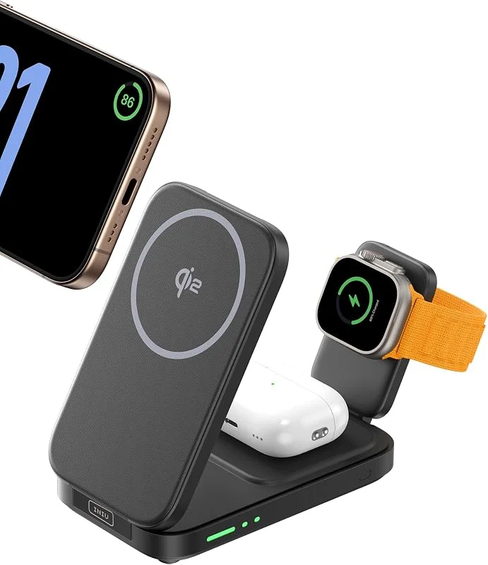 INIU Induktiv iPhone-laddningsstation 3-i-1, 15 W Qi2-certifierad magnetisk trådlös laddare vikbar, magsafe trådlös laddare för Apple Watch SE iPhone 17 16 15 14 13 12 AirPods (med adapter) — Mobil och surfplatta