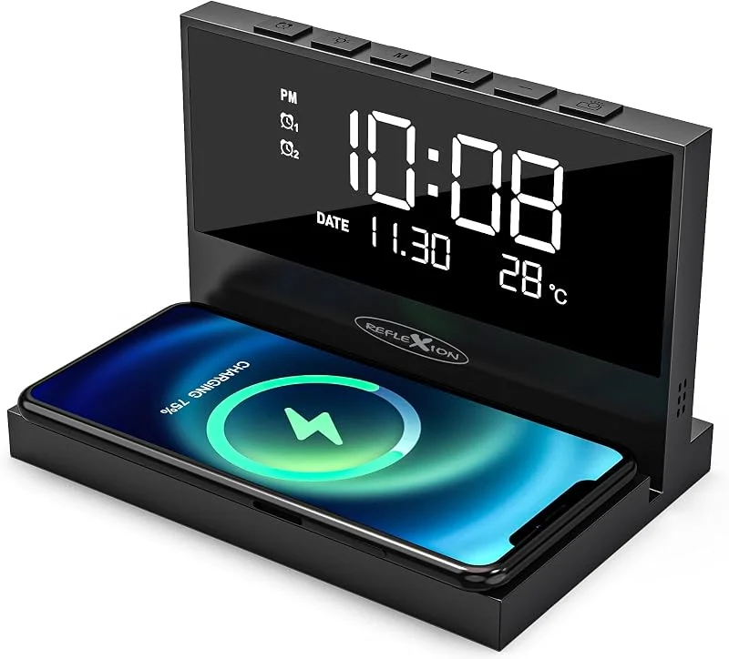 Reflexion ACW2188 trådlös laddare, smartphone-laddningsstation, väckarklocka med trådlös laddare, stor display för tid, datum och temperatur, 2 larmtider, nattljus, USB-laddningsfunktion — Mobil och surfplatta