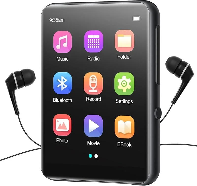 joliker 64 GB Bluetooth 5.3 MP3-spelare, HIFI Lossless bärbar ljudspelare med högtalare, FM-radio, linjeformad röstinspelning, e-bok, full pekskärm musikspelare, stöd för upp till 128 GB — Portabel digital och ljud