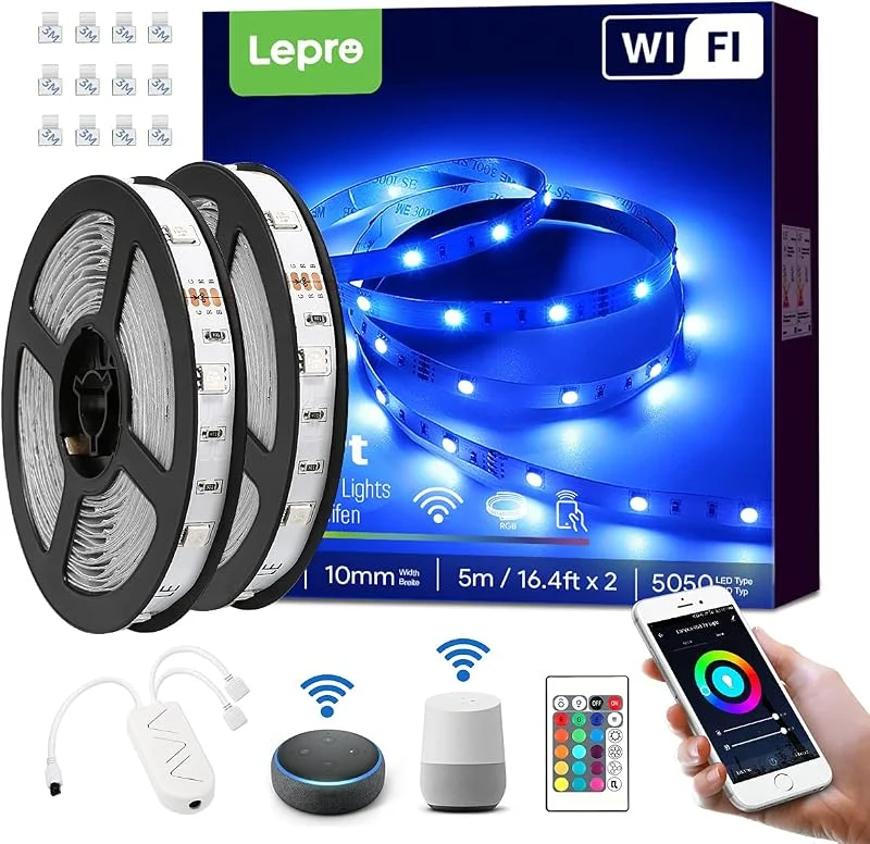 Lepro LED-remsa Alexa 10 m, 2 x 5 m, RGB dimbar, 300 lysdioder, LED-remsor Wifi, Wlan LED-band, självhäftande, superljust ljusband, ljusslinga, ränder med fjärrkontroll, kompatibel med Alexa, App — Smart belysning