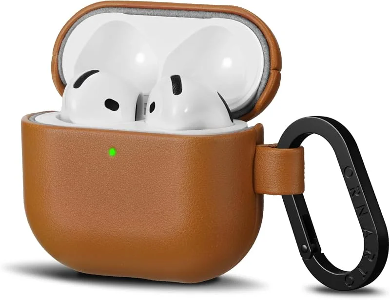 ORNARTO för AirPods 4 fodral läder med karbinhake, brun — Mobil och surfplatta