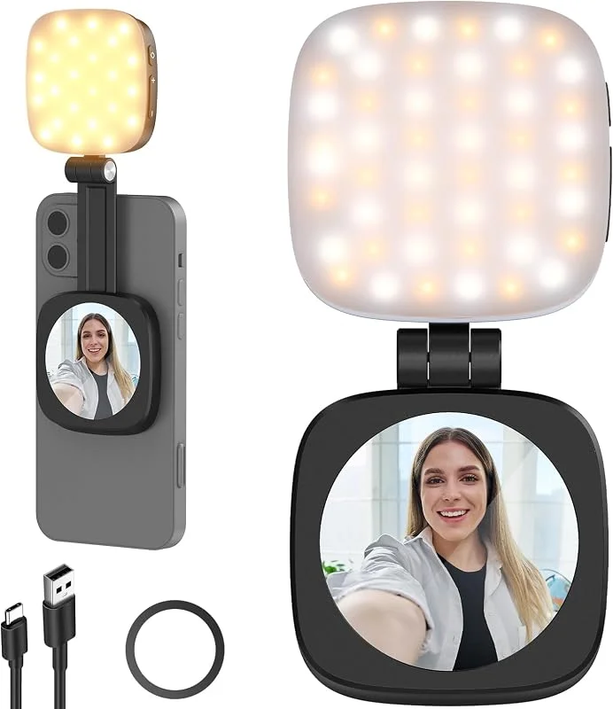 NEEWER Magnetisk selfie ljus kompatibel med iPhone MagSafe CRI95 700lx, 0, 3 m vikbar LED mobiltelefon fyllningsring belysning med stativ, spegel för zoom makeup fotografering NL48B, svart — Mobil och surfplatta