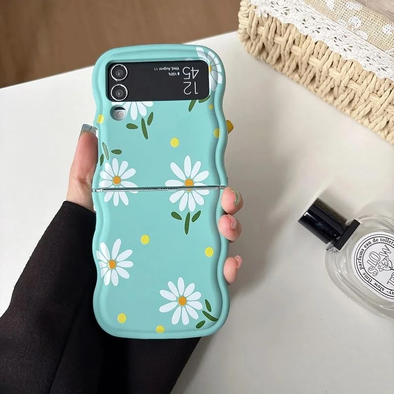 UEEBAI Fodral för Samsung Galaxy Z Flip 3, 4 5G, Wave Frame Daisy flytande fodral, daisy blomma stötfångare fodral för flickor kvinnor, blå blomma — Mobil och surfplatta
