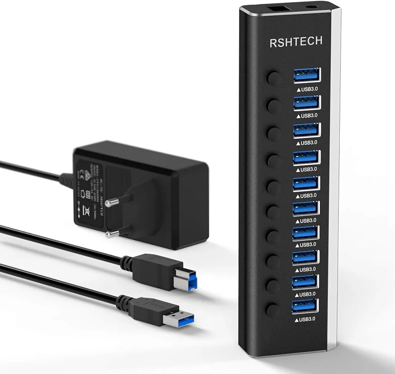 RSHTECH Aluminium USB-hub 3.0 Aktiv 10 Portar 36 W (12V, 3 A) Strömförsörjning USB 3.0 Flera Portar Distributör med LED Enkel På, av-Brytare(RSH-A10) — Laddning och kablar