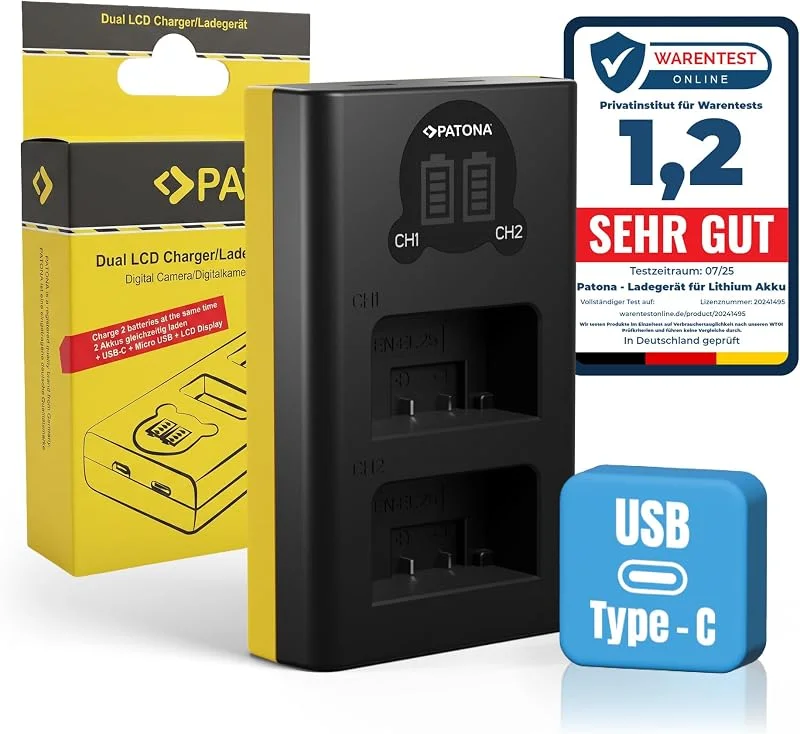PATONA Dual LCD Batteriladdare USB-C, Micro-USB för Nikon EN-EL25 EN-EL25a — Laddning och kablar