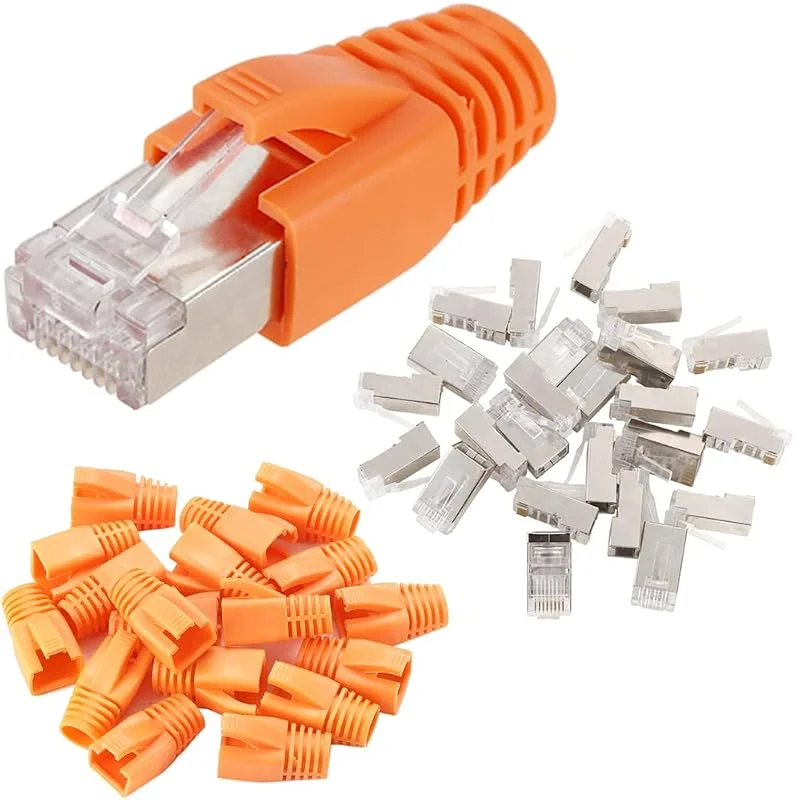 Greluma 25 St CAT6 Metallskyddade RJ45-Kontakter Modulära Pluggändar - FTP 8P8C Nätverkskabel Crimp Ethernet-Kontakt (trådhål 1, 2 mm) med CAT6-Dragavlastning Stövlar — Laddning och kablar