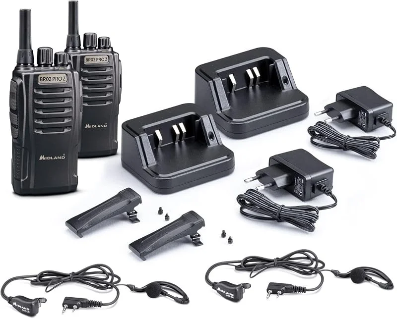 Midland BR02 Pro Z C1524, 2 radiosändtagare, professionell walkie-talkie med 32 kanaler PMR446, 2 MA-21LKI hörlurar, 2 bältesklämmor, 2 000 mAh batterier upp till 24 timmar, svart — Portabel digital och ljud