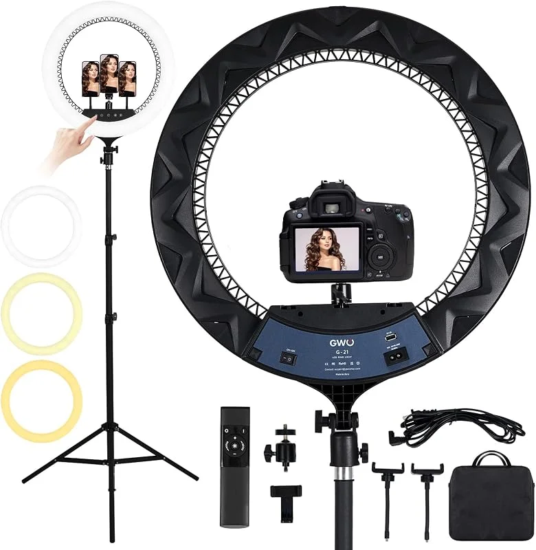 GWO 21 tums LED-ring ljus med stativ 72 W 6000 K dimbar makeup selfie ljus med pekskärm telefonhållare för YouTube Vlog videofotografering inklusive bärväska och fjärrkontroll CRI>90 — Mobil och surfplatta